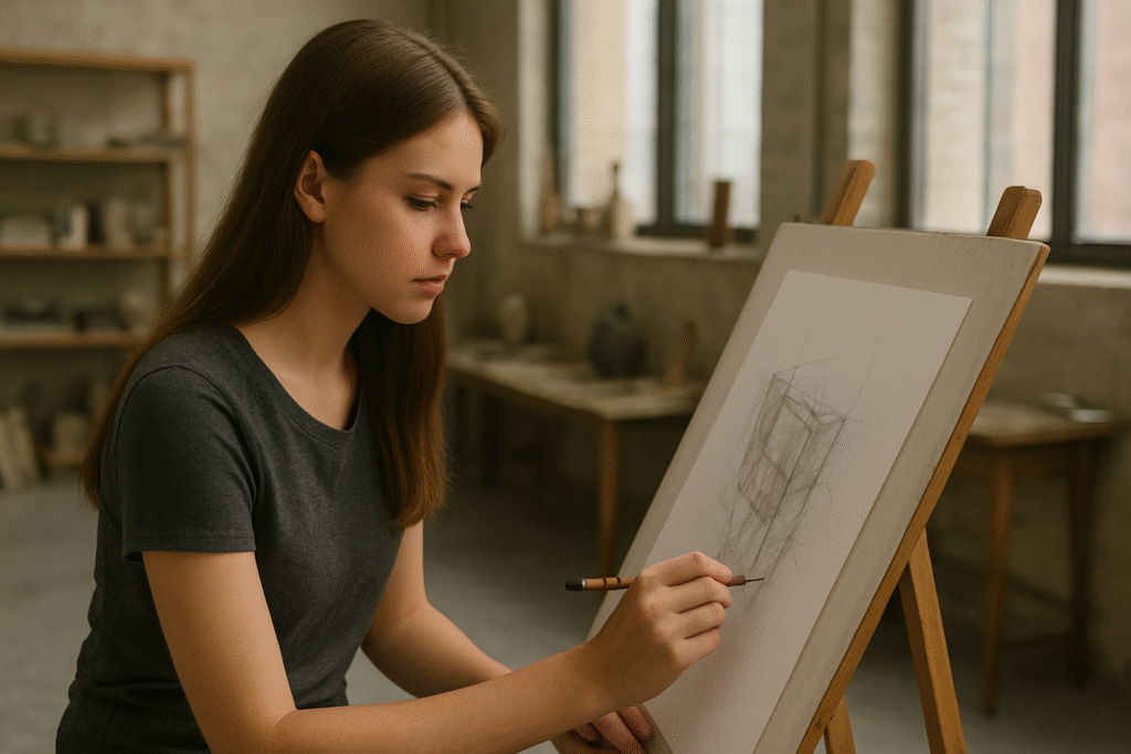 A young student sketches a geometric structure on a drawing board in a sunlit studio.