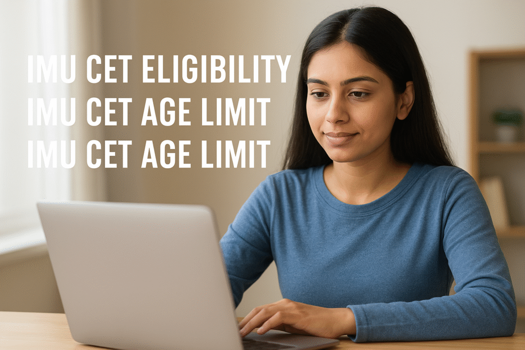 Young woman studying on a laptop with overlaid text "IMU CET Eligibility" and "IMU CET Age Limit".