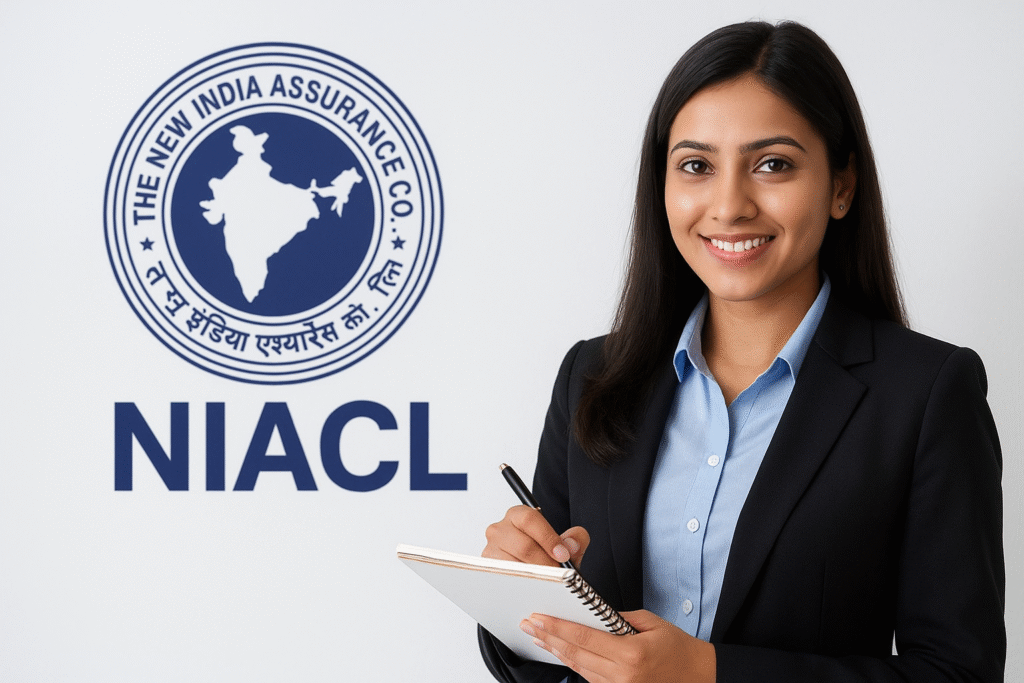Confident professional in formal attire holding a pen and notepad with a softly blurred NIACL logo in the background.