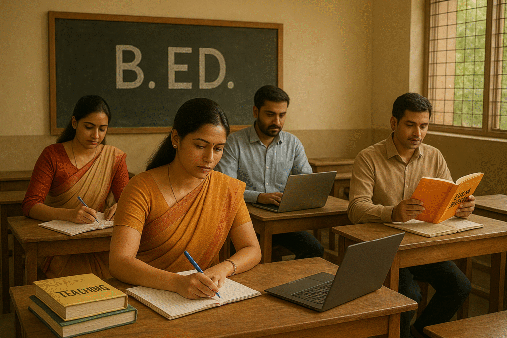 Teacher trainees in a classroom with 'B.ED.' written on the blackboard, preparing with books and laptops.