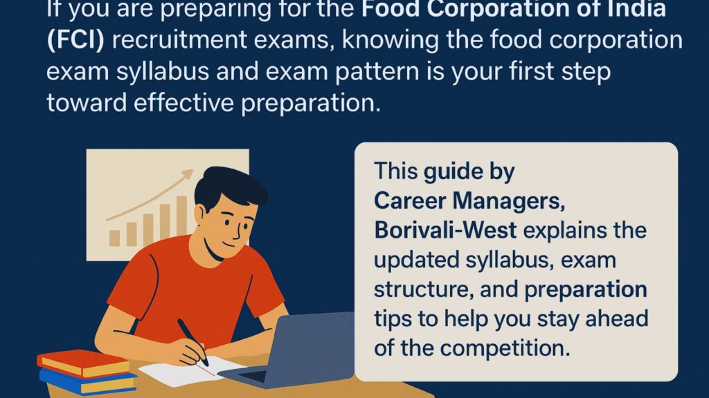 Student preparing for FCI recruitment exam with books and laptop, Career Managers Borivali-West guide on updated syllabus and exam pattern.