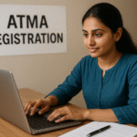 Student filling ATMA registration form on a laptop with ID documents and a coffee cup.