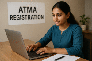 Student filling ATMA registration form on a laptop with ID documents and a coffee cup.