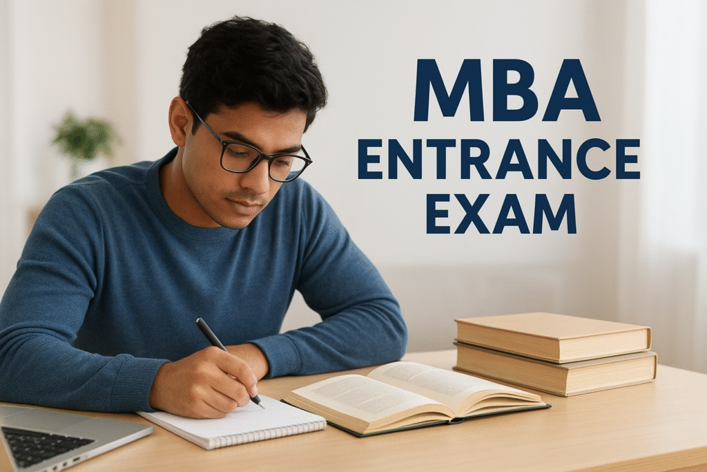 A focused student preparing for an MBA entrance exam with books, a laptop, and a notepad on a study desk, featuring an “MBA Entrance Exam” overlay.