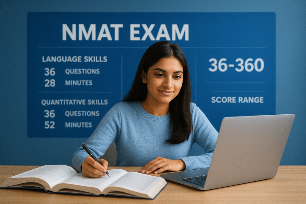 Student preparing for NMAT exam syllabus with books and laptop