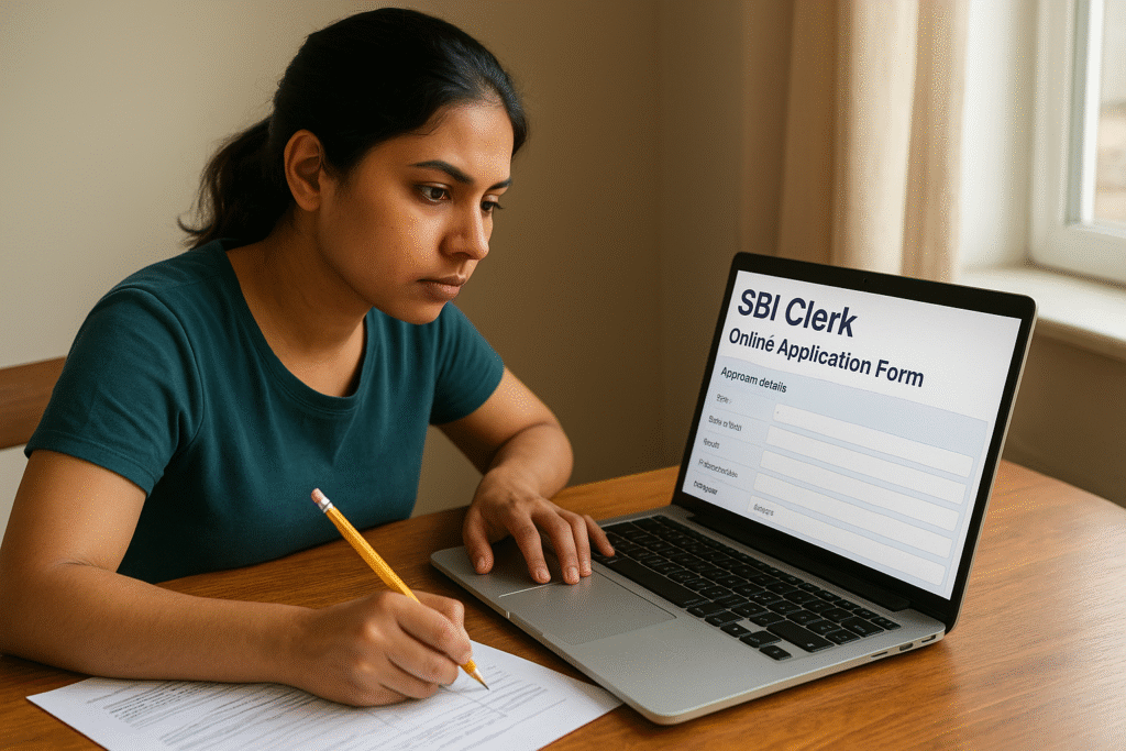 A student paying the SBI clerk application fee online using a laptop.