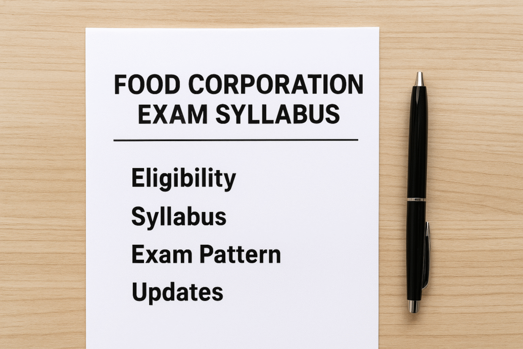 Printed document titled "Food Corporation Exam Syllabus" with a list of key topics—Eligibility, Syllabus, Exam Pattern, and Updates—placed on a wooden desk beside a black pen.
