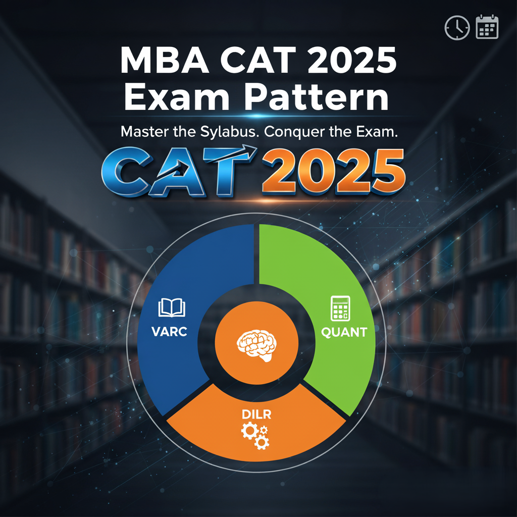 MBA CAT 2025 Exam Pattern showing three core sections — VARC, DILR, and Quant — in a circular infographic for CAT 2025 syllabus overview.