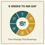 Circular infographic illustrating a 6-week NID DAT 2026 preparation roadmap, featuring icons for sketching, ideas, books, target practice, and the NID logo, with '6 WEEKS TO NID DAT' as the main title.