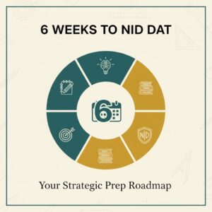 Circular infographic illustrating a 6-week NID DAT 2026 preparation roadmap, featuring icons for sketching, ideas, books, target practice, and the NID logo, with '6 WEEKS TO NID DAT' as the main title.