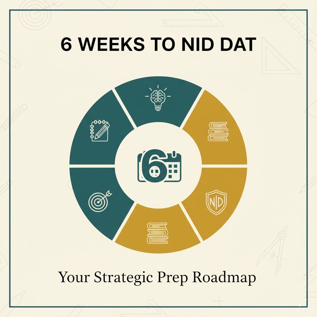 Circular infographic illustrating a 6-week NID DAT 2026 preparation roadmap, featuring icons for sketching, ideas, books, target practice, and the NID logo, with '6 WEEKS TO NID DAT' as the main title.