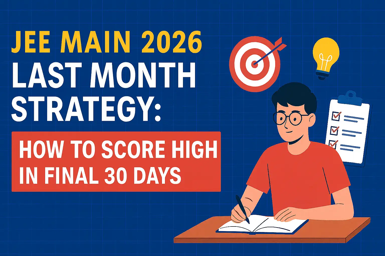 JEE Main 2026 last month strategy banner showing student studying, important tips, and final 30-day preparation guidance