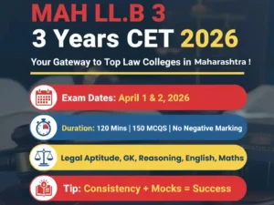 MAH LL.B 3 Years CET 2026 exam overview showing exam dates (April 1 & 2), duration, and LL.B CET syllabus sections like Legal Aptitude and GK.