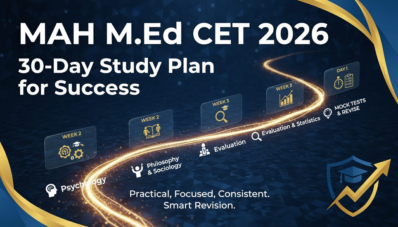 MAH M.Ed CET 2026 30-day study plan roadmap showing psychology, philosophy, sociology, evaluation, statistics, and weekly preparation strategy.