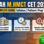 MAH M.HMCT CET 2026 guide showing syllabus, exam pattern, and preparation tips with icons for syllabus, exam timing, and study strategy.