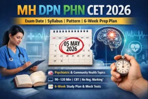 MH DPN PHN CET 2026 exam thumbnail showing exam date 05 May 2026, syllabus and exam pattern, nurse illustration, psychiatric and community health focus, and 6-week preparation plan