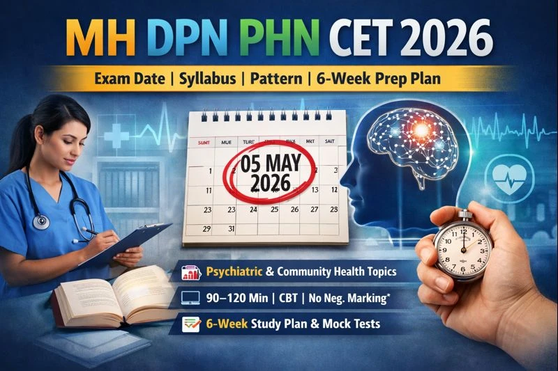 MH DPN PHN CET 2026 exam thumbnail showing exam date 05 May 2026, syllabus and exam pattern, nurse illustration, psychiatric and community health focus, and 6-week preparation plan