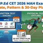 M.P.Ed CET 2026 MAH exam infographic showing written test date (March 24, 2026), physical test date (March 25, 2026), exam pattern details, and a 30-day preparation plan with visuals of MCQs, anatomy, sports science, coaching methods, and physical fitness events.