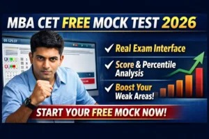 MBA CET free mock test 2026 showing real exam interface with score and percentile analysis